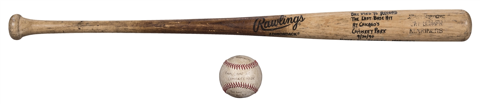 1990 Scott Bradley Game Used and Signed Rawlings Bat and Game Used Baseball for Last Hit Ever at Comiskey Park on 09/30/1990 (Bradley LOA) 